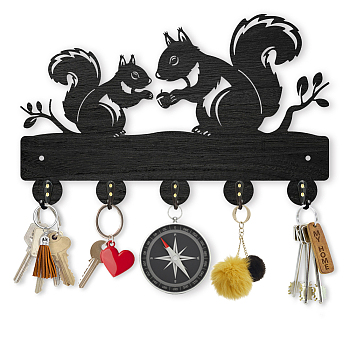 Wood & Iron Wall Mounted Hook Hangers, Decorative Organizer Rack, with 2Pcs Screws, 5 Hooks for Bag Clothes Key Scarf Hanging Holder, Squirrel, 187x300x7mm