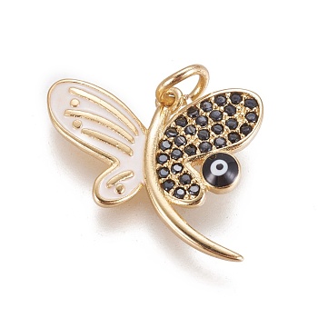 Brass Enamel Charms, with Micro Pave Cubic Zirconia, Butterfly with Evil Eye, Golden, 15x18.5x2~3.5mm, Hole: 3mm
