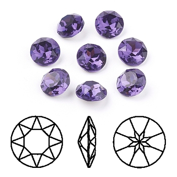 Pointed Back & Back Plated K9 Glass Rhinestone Cabochons, Grade A, Faceted, Flat Round, Purple Velvet, 10x5mm