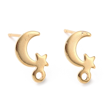 201 Stainless Steel Stud Earring Findings, with Horizontal Loop and 316 Stainless Steel Pin, Moon and Star, Real 24K Gold Plated, 11x7mm, Hole: 1.4mm, Pin: 0.7mm