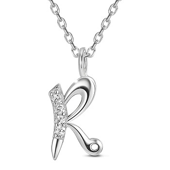SHEGRACE 925 Sterling Silver Initial Pendant Necklaces, with Grade AAA Cubic Zirconia and Cable Chains, Platinum, Letter.R, 15.74 inch(40cm)