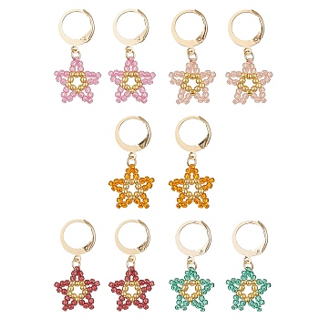 Star Glass Seed Braided Dangle Earrings, 304 Stainless Steel Leverback Earring for Women, Mixed Color, 31x15mm