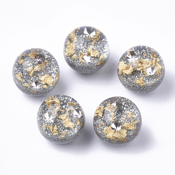 Resin Beads, with Rhinestone & Glitter Powder & Gold Foil, Half Drilled, Round, Silver, 25mm, Half Hole: 1.2mm