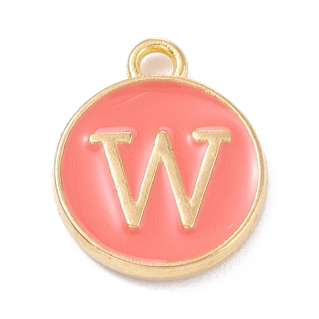 Golden Plated Alloy Enamel Charms, Enamelled Sequins, Flat Round with Alphabet, Letter.W, Hot Pink, 14x12x2mm, Hole: 1.5mm