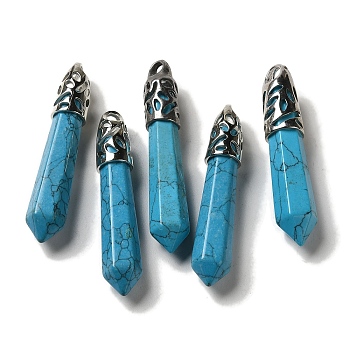 Synthetic Turquoise Pointed Big Pendants, Faceted Bullet Charms with Rack Plating Platinum Plated Brass Findings, 56~65x11~11.5x10~10.5mm, Hole: 4X3mm