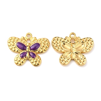 304 Stainless Steel Enamel Pendants, Real 18K Gold Plated, Butterfly Charm, Purple, 20x24x2.5mm, Hole: 2mm