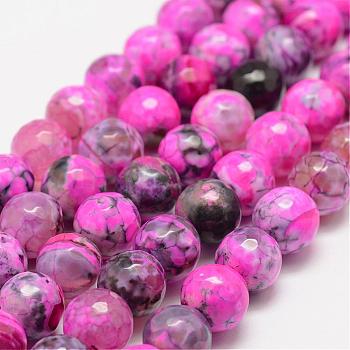 Faceted Natural Fire Crackle Agate Beads Strands, Round, Dyed & Heated, Hot Pink, 10mm, Hole: 1.5mm, about 38pcs/strand, 14 inch(35.6cm)