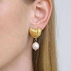 Textured 304 Stainless Steel Stud Dangle Earrings for Women, Heart, with Freshwater Pearl, Real 18K Gold Plated, 37x20mm(EE0643)