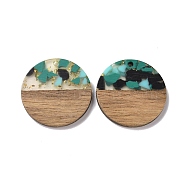 Transparent Resin & Walnut Wood Pendants, with Gold Foil, Flat Round Charm, Turquoise, 28x3mm, Hole: 2mm(RESI-N025-045C)