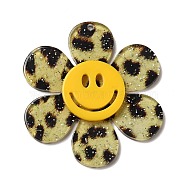Leopard Print Pattern Acrylic Big Pendants, with Sequins, Flower with Smiling Face, Colorful, 55x50x4.5mm, Hole: 1.8mm(OACR-B008-C01)