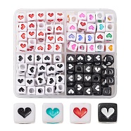 160Pcs 4 Style Opaque Acrylic Beads, Cube with Heart, Mixed Color, 6~6.5x6x6mm, Hole: 3~3.5mm, 40pcs/style(MACR-YW0002-78)