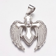 304 Stainless Steel Pendants, with Rhinestone, Wing with Cross, Stainless Steel Color, 39x49x5mm, Hole: 7x9mm(STAS-K171-27P)