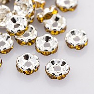 Brass Rhinestone Spacer Beads, Grade AAA, Wavy Edge, Nickel Free, Silver Color Plated, Rondelle, Topaz, 6x3mm, Hole: 1mm(RB-A014-L6mm-17S-NF)