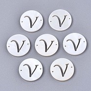 Natural Freshwater Shell Links Connectors, Flat Round with Letter, Letter.V, 14.5x1.5mm, Hole: 0.9mm(SHEL-S276-120V)