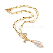 Natural Baroque Pearl Keshi Pearl Pendant Necklaces, with Heart & teardrop, Brass Cubic Zirconia Charms, Real 18K Gold Plated, 17.12 inch(43.5cm)(NJEW-JN02909-01)