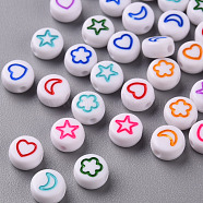 White Opaque Acrylic Beads, Flat Round with Heart & Flower & Moon & Star, Mixed Color, 7x4mm, Hole: 1.6mm(MACR-N008-41)