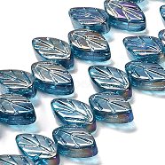 Electroplate Glass Beads Strands, Leaf, Dodger Blue, 11x7x4mm, Hole: 0.8mm, about 78~80pcs/strand, 18.66~18.74''(47.4~47.6cm)(EGLA-B004-02A-AB10)