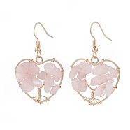 Natural Rose Quartz Chips Braided Heart with Tree of Life Dangle Earrings, Brass Wire Wrap Jewelry for Women, Golden, 42mm, Pin: 0.7mm(EJEW-JE04882-01)