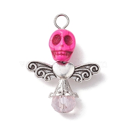 Synthetic Turquoise & Glass Pendants, Skull Charms with Alloy Wings, Fuchsia, 32x23.5x10mm, Hole: 3.5mm(PALLOY-TA00113-05)