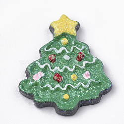 Opaque Resin Cabochons, with Glitter Powders, Christmas Trees, Green, 24.5x21x3mm(CRES-S304-26)