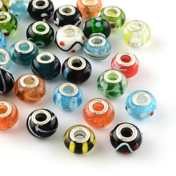 Rondelle Mixed Style Handmade Lampwork European Large Hole Beads, with Silver Color Plated Brass Cores, Mixed Color, 14x9~10mm, Hole: 5mm(LPDL-R007)