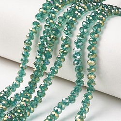 Electroplate Transparent Glass Beads Strands, Full Rainbow Plated, Faceted, Rondelle, Teal, 6x5mm, Hole: 1mm, about 85~88pcs/strand, 16.1~16.5 inch(41~42cm)(EGLA-A034-T6mm-T05)