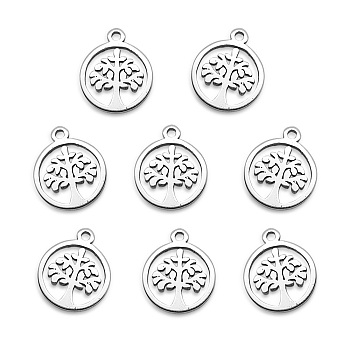 201 Stainless Steel Charms, Laser Cut, Flat Round with Tree, Stainless Steel Color, 12x10.5x1mm, Hole: 1mm