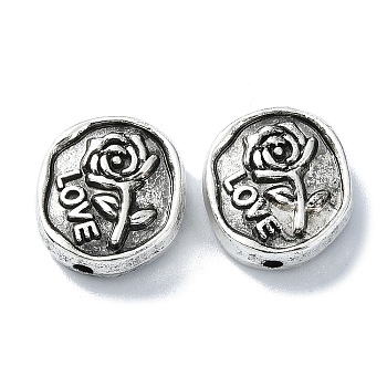 Tibetan Style Alloy Beads, Oval with Rose Flower, Antique Silver, 14x13x6mm, Hole: 1.6mm, about 148pcs/500g