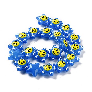Glass Enamel Beads, Star with Smiling Face Pattern, Royal Blue, 20.5x22x11mm, Hole: 1.6mm