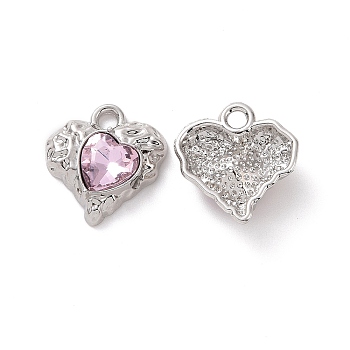 Rack Plating Alloy Glass Pendants, Cadmium Free & Lead Free & Nickle Free, Platinum Tone Heart Charms, Pearl Pink, 18x17x5.5mm, Hole: 2.5mm