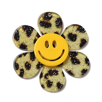Leopard Print Pattern Acrylic Big Pendants, with Sequins, Flower with Smiling Face, Colorful, 55x50x4.5mm, Hole: 1.8mm
