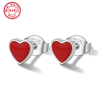 Rhodium Plated 925 Sterling Silver Heart Stud Earrings with Red Enamel, with 925 Stamp, Platinum, 6mm