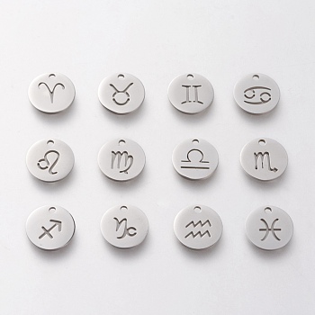 304 Stainless Steel Hollow Charms Sets, Flat Round with Constellation, include Capricorn, Cancer, Leo, Sagittariu, Gemini, Aries, Scorpio, Taurus, Libra, Gemin, Aquarius , Stainless Steel Color, 10x1mm, Hole: 1.2mm, 12pcs/set