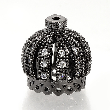 Brass Micro Pave Cubic Zirconia Beads, Crown, Gunmetal, 14x13.5mm, Hole: 1mm