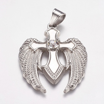 304 Stainless Steel Pendants, with Rhinestone, Wing with Cross, Stainless Steel Color, 39x49x5mm, Hole: 7x9mm