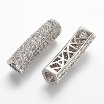 Brass Micro Pave Cubic Zirconia Tube Beads, Tube, Large Hole Beads, Hollow, Clear, Platinum, 30x8.5x8mm, Hole: 5mm