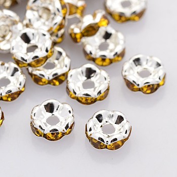 Brass Rhinestone Spacer Beads, Grade AAA, Wavy Edge, Nickel Free, Silver Color Plated, Rondelle, Topaz, 6x3mm, Hole: 1mm
