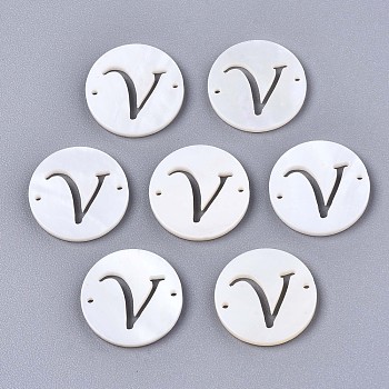 Natural Freshwater Shell Links Connectors, Flat Round with Letter, Letter.V, 14.5x1.5mm, Hole: 0.9mm