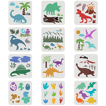 Plastic Drawing Painting Stencils Templates Sets, for Painting on Scrapbook Canvas Tiles Floor Furniture Painting School Projects, Dinosaur Pattern, 20x20cm, 12sheet/set