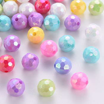 Opaque Acrylic Beads, Faceted, Dyed, AB Color, Round, Mixed Color, 10x9.5mm, Hole: 1.6mm, about 890pcs/500g