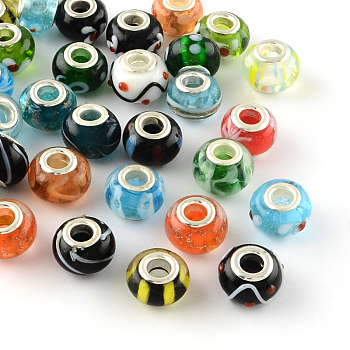 Rondelle Mixed Style Handmade Lampwork European Large Hole Beads, with Silver Color Plated Brass Cores, Mixed Color, 14x9~10mm, Hole: 5mm