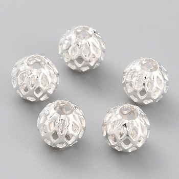 Long-Lasting Plated Hollowed Brass Beads, Filigree Beads, Round, 925 Sterling Silver Plated, 7.5x7mm, Hole: 3mm