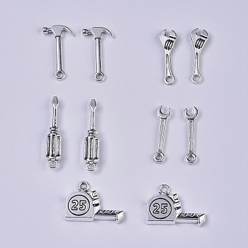 Tools Theme, Tibetan Style Alloy Pendants, for DIY Jewelry Making, Screwdriver, Tape, Wrench, Hammer, Antique Silver