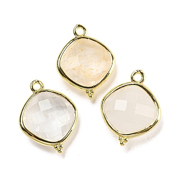 Natural Quartz Crystal Rock Crystal Pendants, Rack Plating Golden Plated Brass Faceted Rhombus Charms, 19x14.5x5.5mm, Hole: 1.6mm