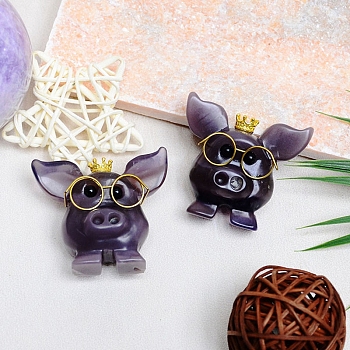 Natural Fluorite Pig with Glasses Energy Stone Figurine, Reiki Stone Feng Shui Home Decoration, 49x55x26mm