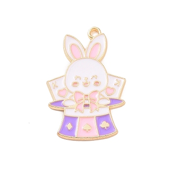Alloy Enamel Pendants, Golden, Rabbit with Playing Cards Charm, Lavender Blush, 33x22x1.5mm, Hole: 2mm