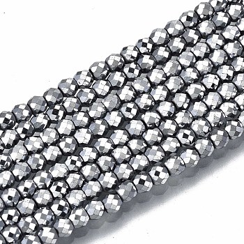 Electroplate Non-magnetic Synthetic Hematite Beads Strands, Round, Faceted, Platinum Plated, 2.5x2mm, Hole: 0.8mm, about 186~197pcs/strand, 14.96 inch~15.75 inch(38cm~40cm)