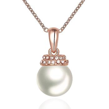 Real Rose Gold Plated Eco-Friendly Tin Alloy Czech Rhinestone Pendant Necklaces, with Round Imitation Pearls, 18 inch