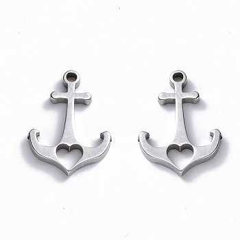 304 Stainless Steel Charms, Laser Cut, Anchor with Heart, Stainless Steel Color, 15x11x1mm, Hole: 1.2mm