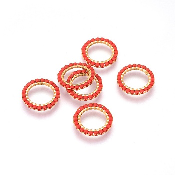 MIYUKI & TOHO Handmade Japanese Seed Beads, with 304 Stainless Steel Link Rings, Loom Pattern, Ring, Golden, Red, 14.5~15x1.7mm